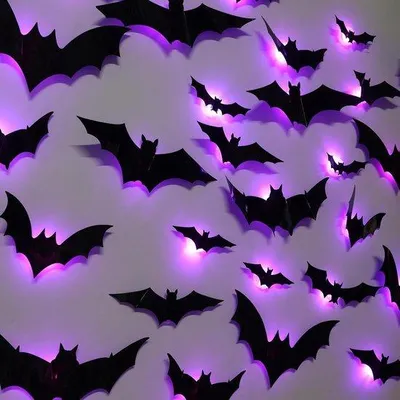 Produktbild von 24-teiliges Halloween-Set mit 3D LED-Vampirfledermäusen - Innen- und Außen-Partydekoration für Halloween-Feiern - Fenstersticker mit Spuk-Optik - Wohnaccessoire