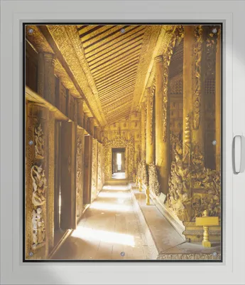 Produktbild von Wallario Lichtschutzbild, Dekorativer Sichtschutz Sonnenschutz 96 x 115 cm mit Motiv: Buddhistischer Tempel aus Holz - Mandaley - Verdunklung ohne Bohren