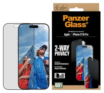 Obrázok produktu pre PanzerGlass ® 2-Way Privacy Screen Protector iPhone 17 | iPhone 16 Pro | Ultra-Wide Fit w. EasyAligner, Apple, Apple - iPhone 17, Apple - iPhone 16 Pro, Suché aplikovanie, Odolné proti poškriabaniu, Odolný proti nárazom, Priehľadná, 1 kusov