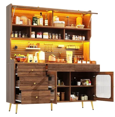 Obrázek produktu pro Vysoká skříňka do kuchyně s LED osvětlením, zásuvkou, perforovanou stěnou, rozměry 145x39x171 cm, barva ořech