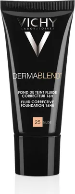 A black tube of Vichy Dermablend foundation with text and branding.