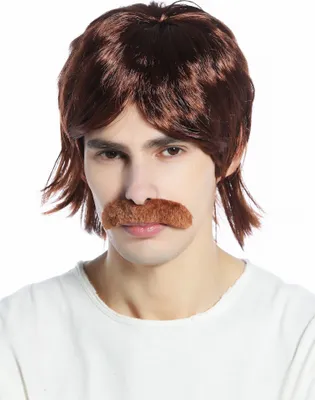 Produktbild von WIG ME UP Perücke Herren 70er Jahre Proll Cop Vokuhila Schnauzbart braun CW-016-P33