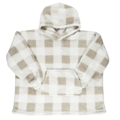 Produktbild von Kuschelige Oversized Hoodie-Decke – Weiche Fleece-Decke mit Kapuze – Warmer, bequemer Pullover im karierten Design – Perfekt für zu Hause – Beige/Weiß