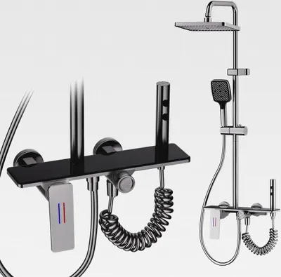 Produktbild von Duschsystem Komplettset für Bad & Dusche – Regenbrause mit 3‑Funktions‑Handbrause, Messing‑Armatur & Edelstahl‑Duschsäule, Duschgarnitur mit Ablage und Anti‑Kalk‑Beschichtung in Schwarz HEIJUE