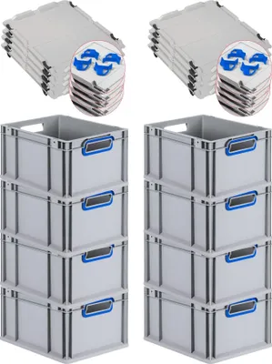 Zdjęcie produktu dla SuperSparSet 8 sztuk pojemników Eurobox NextGen w kolorze, z pokrywą i zamykanymi klapami suwakowymi | Wysokość x Szerokość x Głębokość: 22x30x40 cm | Pojemność: 20 litrów | Kolor: szary | Otwory na uchwyty: niebieskie | Płaskie dno | Pojemnik Euro, skrzynia transportowa, pojemnik transportowy, pojemnik do układania w stosy