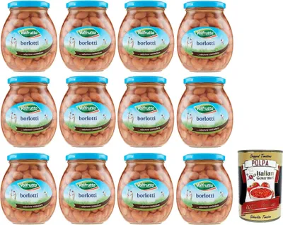Produktbild von 12x Valfrutta Fagioli Borlotti,Italienische Borlotti-Bohnen,Hülsenfrucht Gemüse Gekochte Bohnen,Glas 360g + Italian Gourmet Polpa di Pomodoro 400g Dose