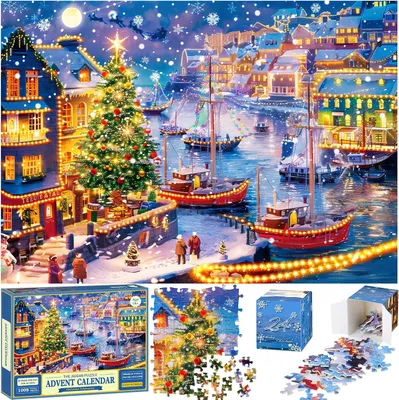 Produktbild von Quanquer Adventskalender mit Puzzle für 2025 – Weihnachtspuzzle mit 24 Tagen, 1008 Teilen für Erwachsene – Kinder – Jungen