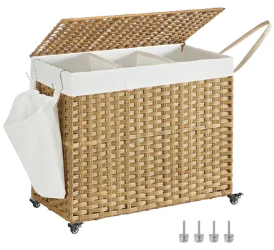 Obrázek produktu pro Koš na prádlo – třídič prádla na kolečkách – 160 l – 3 přihrádky – s víkem – v ratanovém vzhledu – 76 x 33 x 66 cm – hnědý