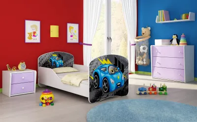 A child's bedroom with a bed, dresser, and toys.