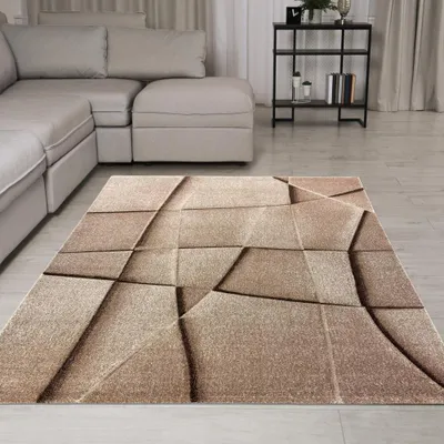 Zdjęcie produktu dla Beżowy dywan z geometrycznym wzorem – stylowy i łatwy w pielęgnacji do salonu i sypialni. Wymiary: 120 x 170 cm