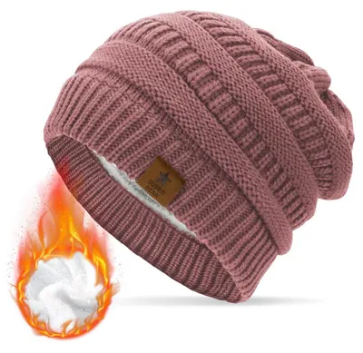 Zdjęcie produktu dla Czapka damska zimowa, grubo dzianina, typu beanie z podszewką z polaru, uniwersalny rozmiar, kolor różowy