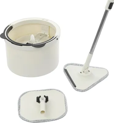 Produktbild von 2-in-1 Spin-Mopp Eimer Set - 360° Bodenwischer mit Quadrat- & Dreieckskopf - Edelstahlstiel & Wringer - Baumwoll/Polyesterkopf - Hellgelb