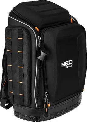 A black tool backpack with orange accents and a white logo.