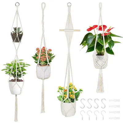 Produktbild von 4er-Set Makramee-Pflanzenampeln, Boho-Dekoration, Hängeampeln aus Baumwollseil mit 4 Metallhaken für drinnen, Garten, Wohnzimmer, draußen, Balkon, Fenster, Balkonwanddekoration