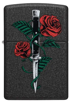 Produktbild von ZIPPO - Rose Dagger Tattoo Design - Schwarz Crackle Dolch Rosen Schwert Messer Sturmfeuerzeug nachfüllbar Benzin 60006070