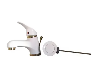 Produktbild von Einhebel Waschtischarmatur in Weiß/Gold mit weißen Excenter. Hochdruck.