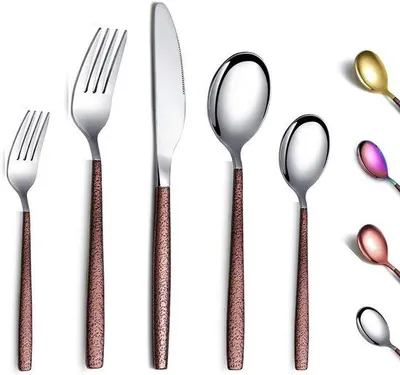 Produktbild von 30-teiliges Besteckset mit Mondoberfläche - glänzendes goldenes Griffkopf mit Titanbeschichtung - rostfreies Besteckset für 6 Personen