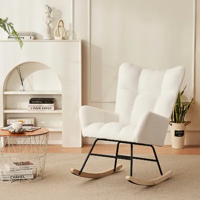 Image de （Blanc）Fauteuil à bascule Fauteuil à bascule moderne Fauteuil à dossier haut et velours Teddy Fauteuil à oreilles Charge jusqu'à 114kg pour salon Chambre à coucher Cours intérieures