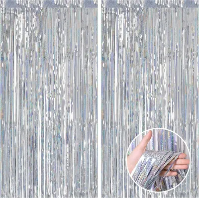 Image de Rideau Lametta 2 x 1 m, argent scintillant, holographique, décoration de fête, fond photo