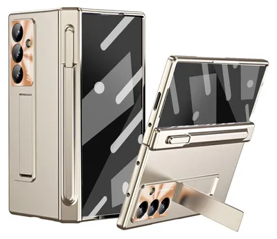 A gold-colored phone case for a foldable phone, shown in two configurations: closed and open with a stand.