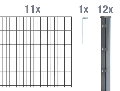 Immagine prodotto di Alberts 674045 Recinzione a doppia rete metallica come set di recinzione completo da 24 pezzi, antracite, altezza 183 cm, lunghezza 27,5 m