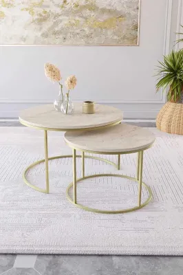 Obrázok produktu pre Skye Decor, kvalitná sada konferenčných stolíkov (3 kusy) – zlátistá a travertínová, 100% melamín