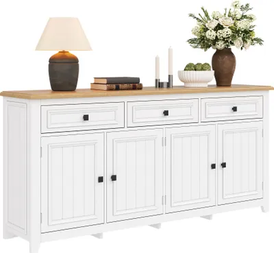 Produktbild von STILVORA Kommode mit drei Schubladen und vier Klappen,Sideboard im Landhausstil, Anrichte Aufbewahrungsschrank Wohnzimmerschrank Weiß
