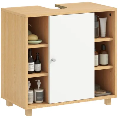 Immagine prodotto di Mobile Sottolavabo Bagno con Armadietto a 2 Ante Soft-Close e 6 Ripiani Aperti, 60x33x57cm, Bianco