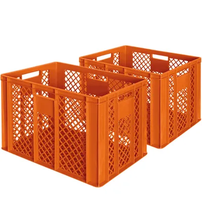 Produktbild von 2x Eurobehälter/Bäckerkiste, LxBxH 600x400x410 mm, lebensmittelecht, Boden und Wände durchbrochen, orange