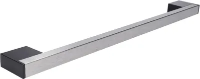 A silver and black door handle against a white background.