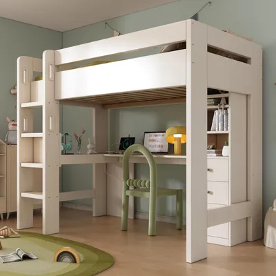 Image de Lit mezzanine 90 x 200 cm avec bureau et tiroirs, blanc. Lit pour enfant et adolescent en bois massif et MDF. Structure de lit très stable avec port USB/Type-C