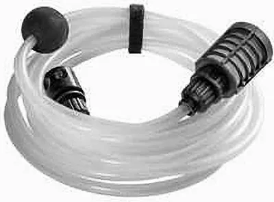A coiled clear hose with black fittings and a black ball weight.