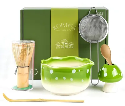 Immagine prodotto di Set di ciotole per matcha a forma di fungo, in Vetroceramica verde, composto da 5 pezzi, con portaspazzola e istruzioni