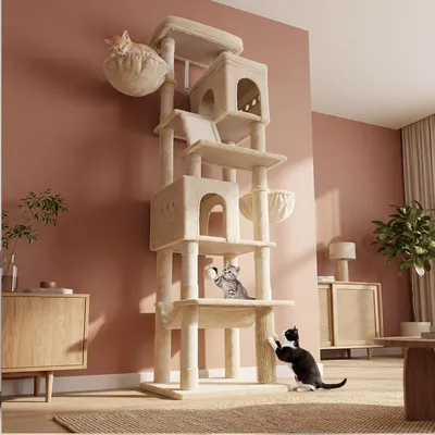 Produktbild von Fobyfurny Kratzbaum Groß, 213 cm Hoch, XXL Katzenbaum, 2 Plattformen, 2 Höhlen, 5 Kratzstämme, Kratzbrett, Katzenkorb, Hängematte