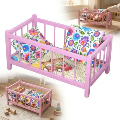 Produktbild von Ein hölzernes Puppenbett in Rosa mit Bettwäsche im Lowicz-Muster und einer Matratze