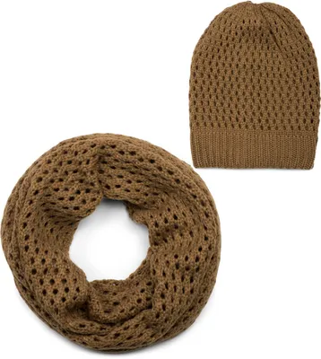 Produktbild von styleBREAKER Strick Loop Schal und Mütze Set, Loch Muster Strickschal mit Beanie Strickmütze, Winter, Uni 01018210