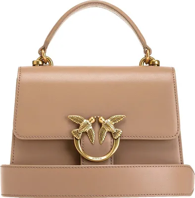 A beige handbag with gold bird embellishments is shown against a white background.