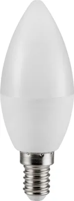 A single LED light bulb with a candle-shaped top and a metal screw base, isolated on a white background.