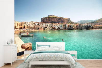 Produktbild von MuchoWow® Fototapete für Wohnzimmer oder Schlafzimmer Wandtapete Vinyl Motivtapete Boot - Meer - Stadt - 525x350 cm - Das Hintergrundbild