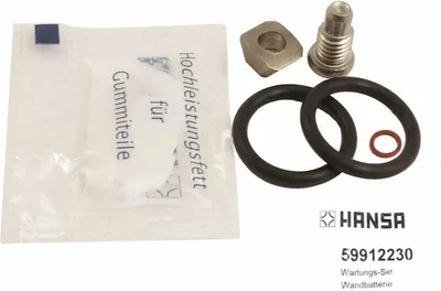 A collection of plumbing maintenance parts and lubricant for a Hansa faucet.