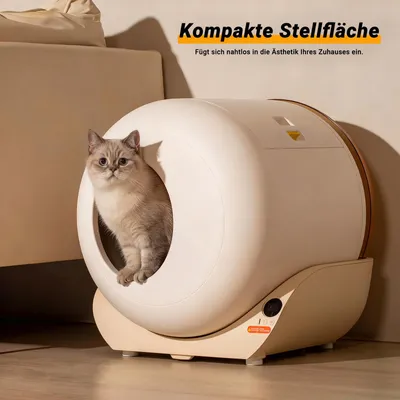A cat sits in a self-cleaning litter box, with marketing text overlayed on the image.