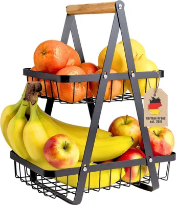 Image de Intirilife Porte-fruits à 2 étages, carré, noir - Porte-fruits en métal, Corbeille à fruits amovible, Corbeille à fruits à 2 étages, Porte-fruits, Étagère à légumes debout- Rangement pour pain, légumes, snacks,Cuisine