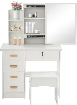 Obrázek produktu pro Toaletní stolek se zrcadlem, 80 cm, s LED osvětlením, 5 zásuvek, včetně taburetky, bílý, do ložnice