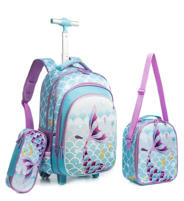 Produktbild von Rollrucksack mit Rädern für Mädchen, 3-teiliges Set, Blau, Nylon, 41,9 cm
