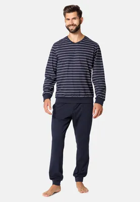 Produktbild von Ladeheid Herren Schlafanzug Zweiteiler Langarm Pyjama lang bunt aus Baumwolle LA40-220 (Marineblau Weiß, L)