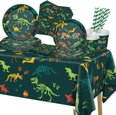 Immagine prodotto di Set di decorazioni per festa a tema dinosauri, composto da 101 pezzi, adatto per 20 persone, ideale per feste di compleanno per bambini