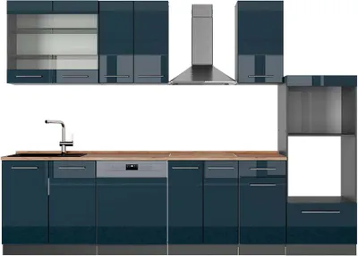 Produktbild von Küchenzeile Vicco Fame-Line Dunkelblau Hochglanz/Anthrazit 300 cm mit Hochschrank, AP Eiche, Model 49724