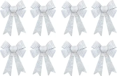 Produktbild von Glitzer Schleife 10 x 13cm - 8 Stück Silber-Weiß mit Glitter-Fransen