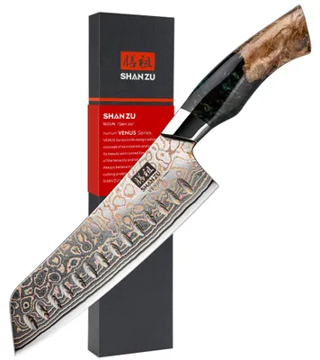 Damast-Küchenmesser 18 cm, Santoku, 67 Lagen, handgeschmiedet, Ahornholzgriff