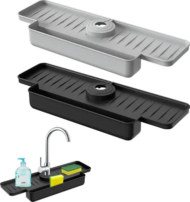 Productafbeelding van Spatbescherming Aanrecht - Kraanmat Set - Keuken Droog Houden - Effectieve Druppelopvang - 2 Stuks - Zwart Grijs